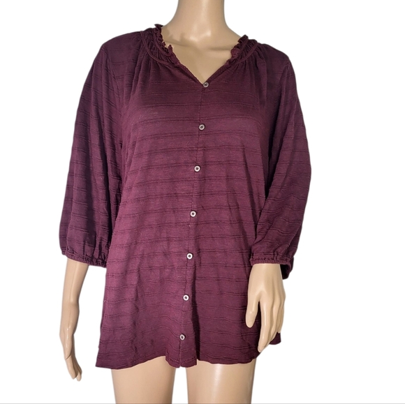 Lane Bryant Women 18 20 Maroon Button Up Shirt Flowy Peasant Flower Sheer Stripe - Picture 4 of 4